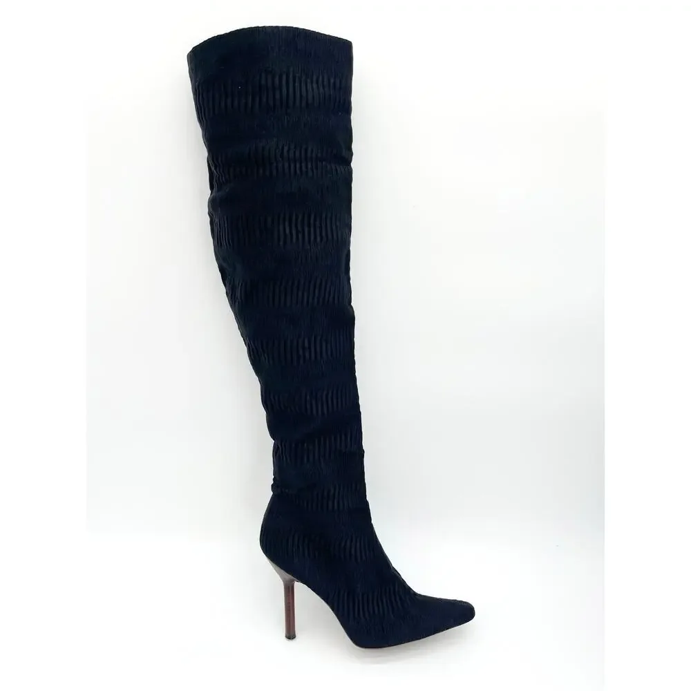 Gucci F/W 1999 Tom Ford Era Black Ruched Textured OTK Stiletto Boots IT 37.5
